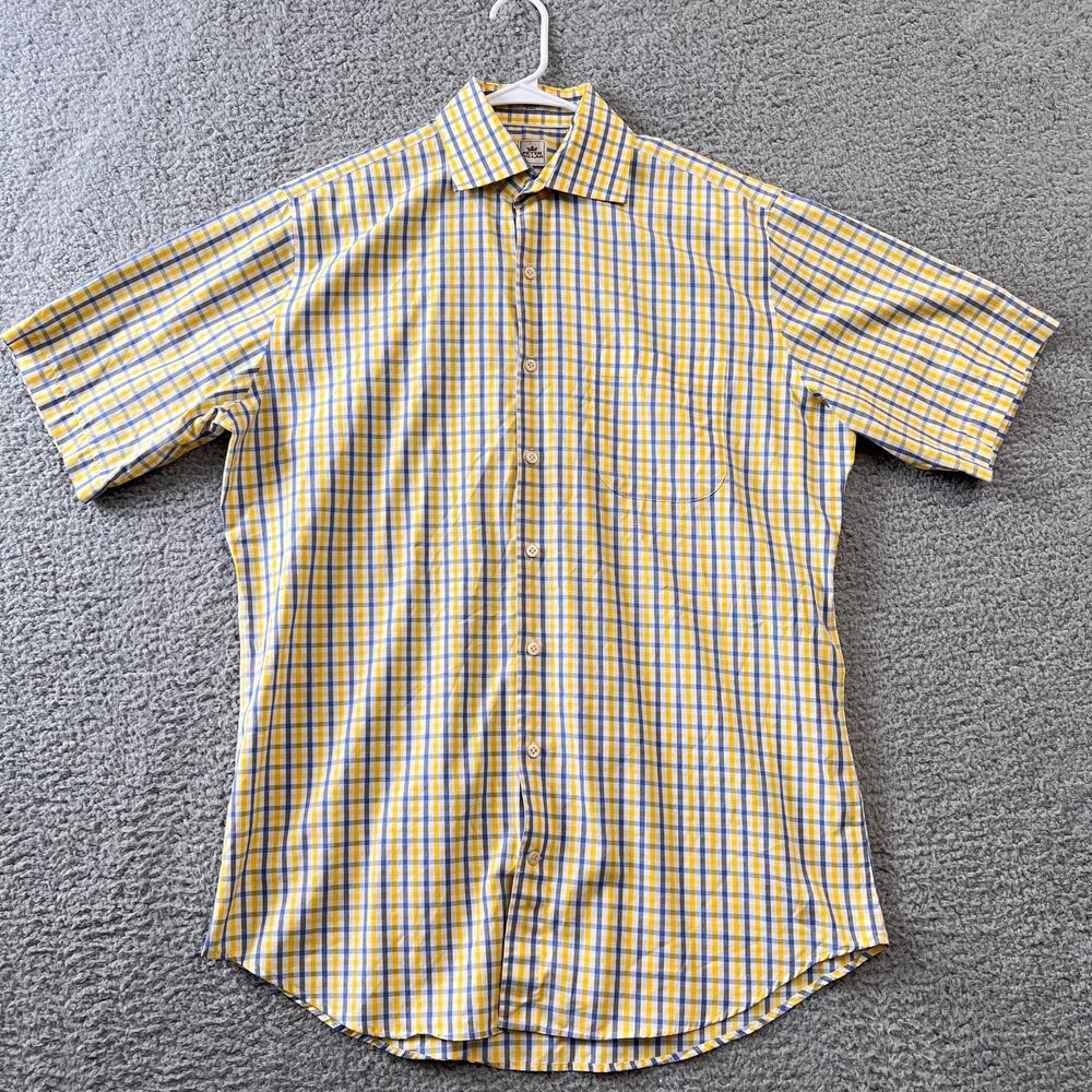 Peter Millar NanoLuxe Button Up Shirt Plaid Yellow Blue Short Sleeve Size 16/L